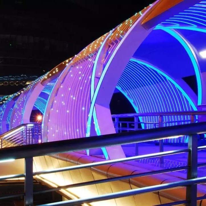 Immersive tunnel with colorful linear lighting effects